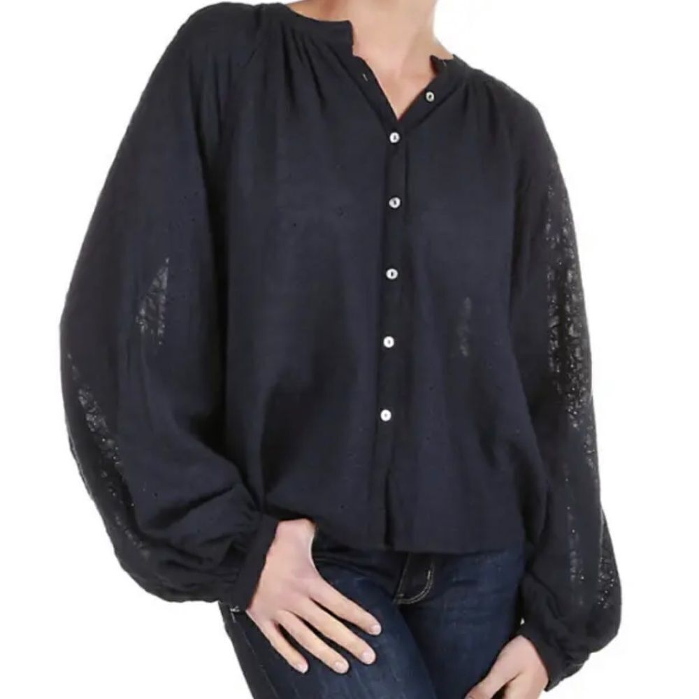 Free People DOWN FROM THE CLOUDS PEASANT TOP IN NAVY